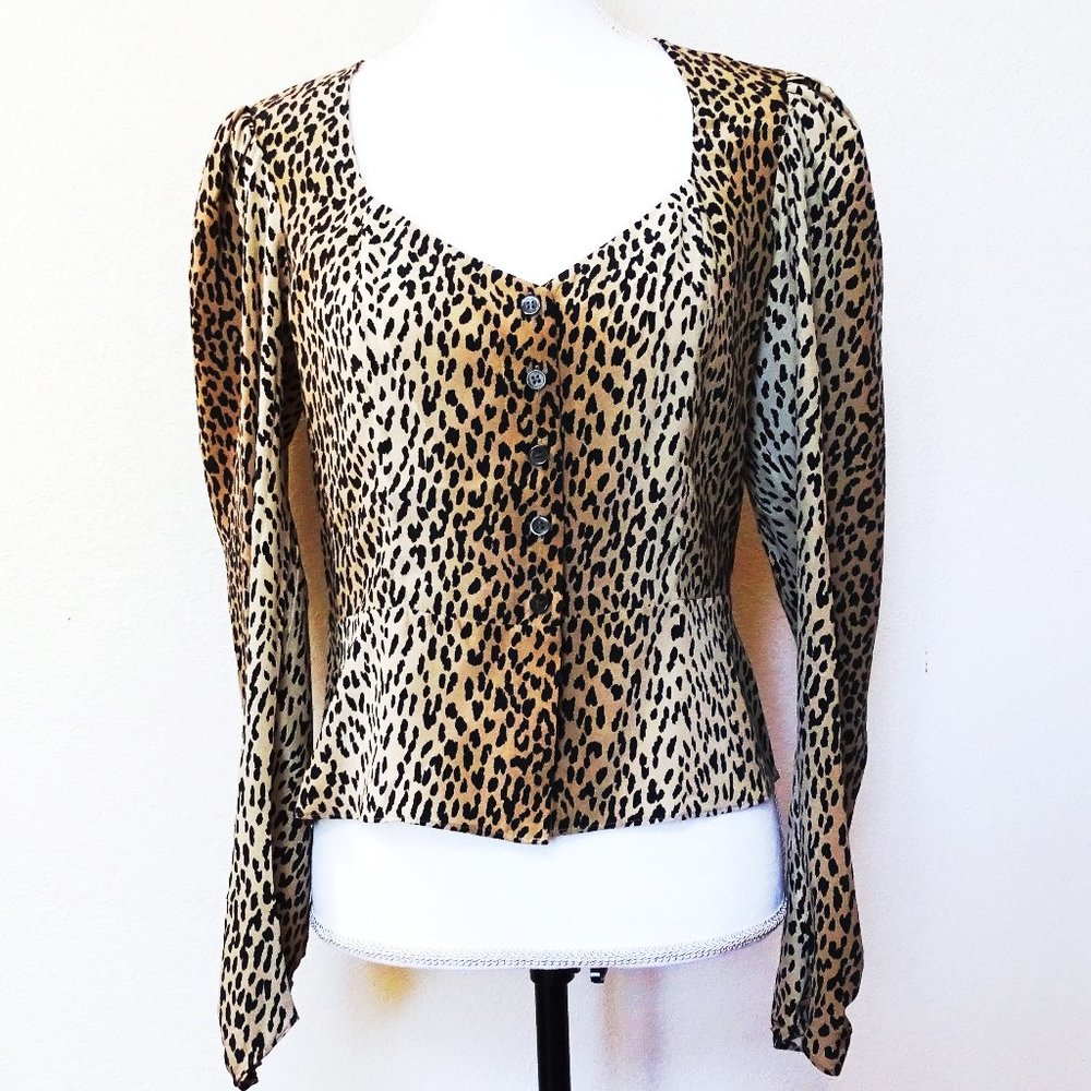 FRAME NWT Leom Shirred Peplum Leopard Print Silk Top
